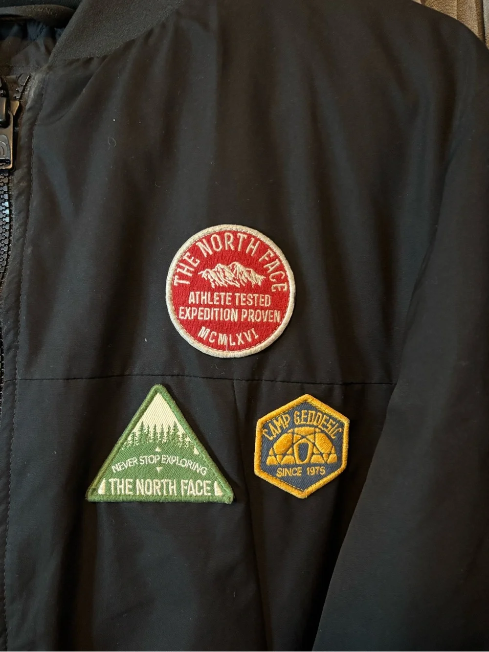 Men's NorthFace Black Bomber Jacket with Patch Details